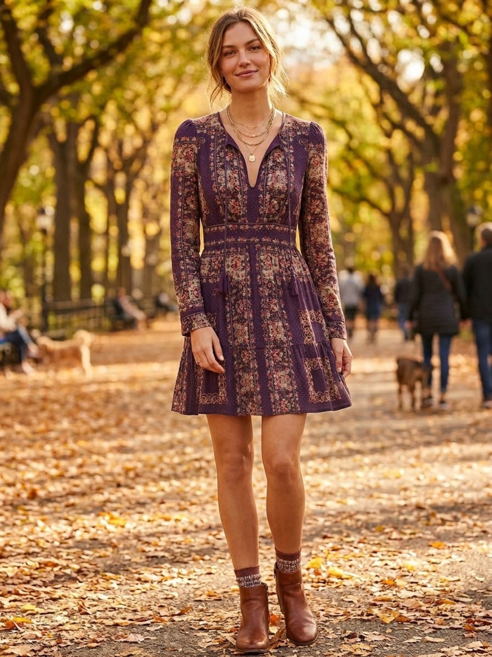Free People Navy Floral Long-Sleeve Peasant Dress